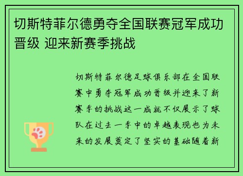 切斯特菲尔德勇夺全国联赛冠军成功晋级 迎来新赛季挑战 切斯特菲尔德勇夺全国联赛冠军成功晋级 迎来新赛季挑战
