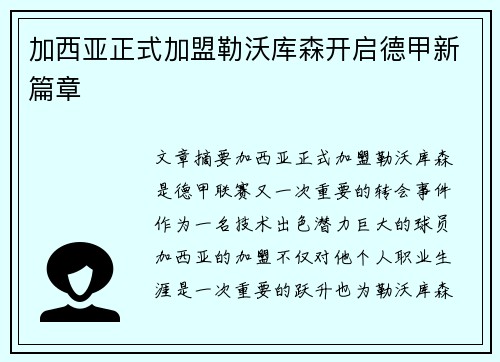 加西亚正式加盟勒沃库森开启德甲新篇章