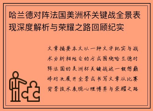 哈兰德对阵法国美洲杯关键战全景表现深度解析与荣耀之路回顾纪实