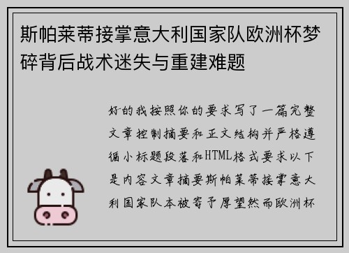 斯帕莱蒂接掌意大利国家队欧洲杯梦碎背后战术迷失与重建难题