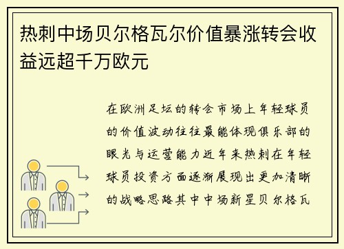 热刺中场贝尔格瓦尔价值暴涨转会收益远超千万欧元