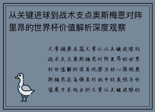 从关键进球到战术支点奥斯梅恩对阵里昂的世界杯价值解析深度观察